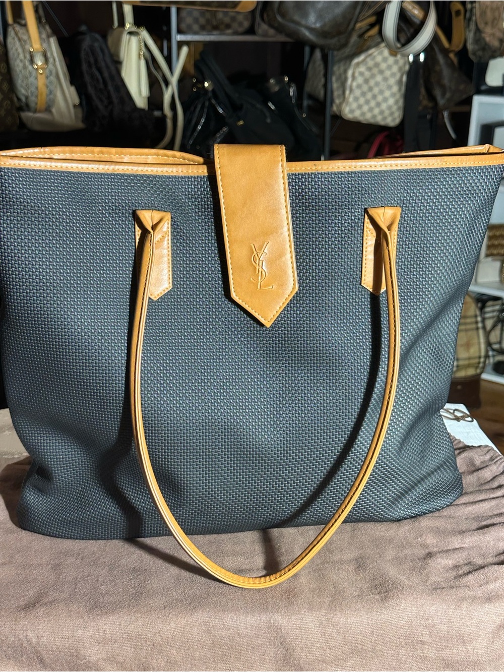 YSL Black Tote with Tan Leather Trim